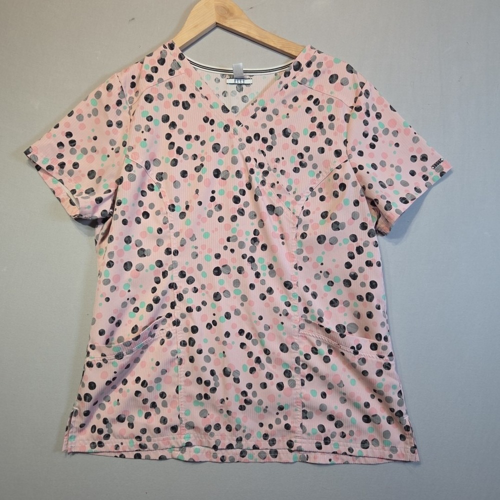 ELLE Scrub Top Unisex Medium Pink Polka Dot V Neck Stretch Medical Uniform